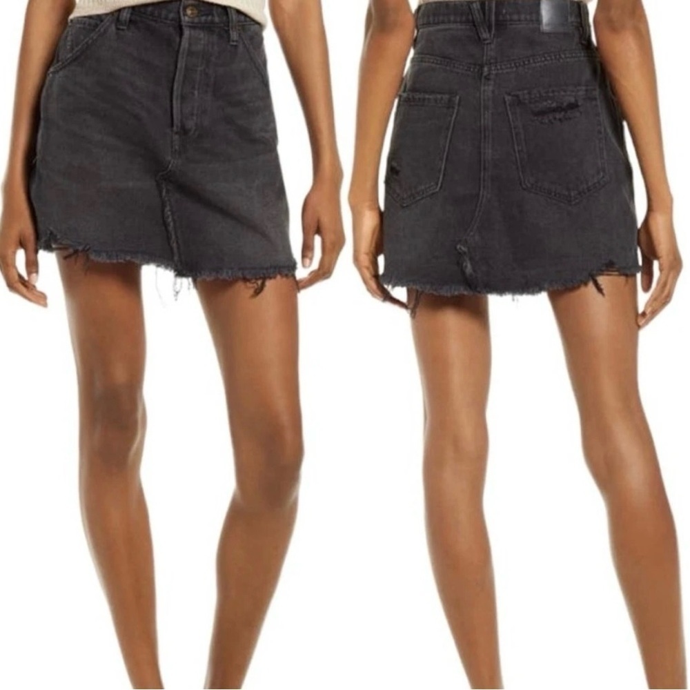 Free People Brea Faded Black Cutoff Denim Skirt Distressed Size 27 Button Fly